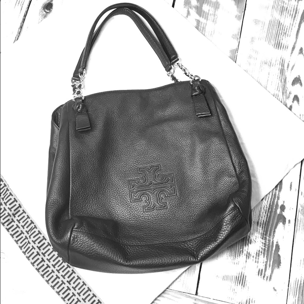 Tory Burch Black Harper Pebble Leather Tote Purse